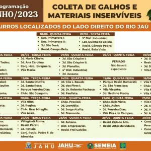 Imagem da notícia JAHU MAIS LIMPA: CRONOGRAMA CATA-GALHO E INSERVÍVEIS DE 12/06 A 16/06
