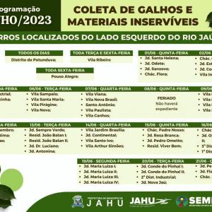 Imagem da notícia JAHU MAIS LIMPA: CRONOGRAMA CATA-GALHO E INSERVÍVEIS DE 12/06 A 16/06