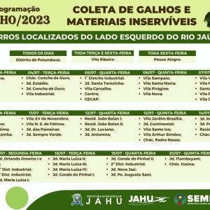 Imagem da notícia JAHU MAIS LIMPA: CRONOGRAMA CATA-GALHO E INSERVÍVEIS DE 03 A 07/07