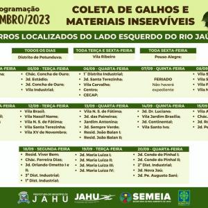 Imagem da notícia JAHU MAIS LIMPA: CRONOGRAMA CATA-GALHO E INSERVÍVEIS - SETEMBRO