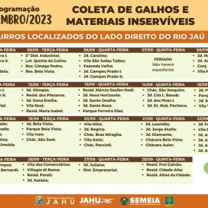 Imagem da notícia JAHU MAIS LIMPA: CRONOGRAMA CATA-GALHO E INSERVÍVEIS - SETEMBRO
