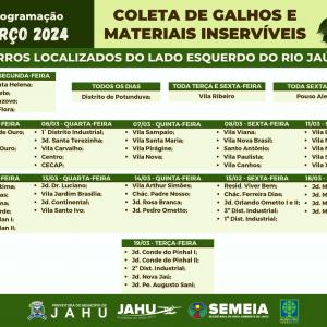 Imagem da notícia JAHU MAIS LIMPA: CRONOGRAMA CATA-GALHO E INSERVÍVEIS - MARÇO 2024