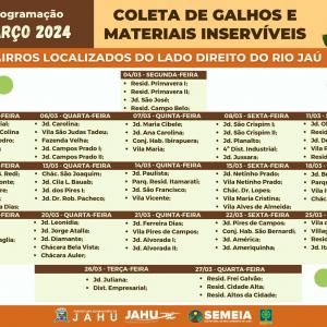 Imagem da notícia JAHU MAIS LIMPA: CRONOGRAMA CATA-GALHO E INSERVÍVEIS - MARÇO 2024