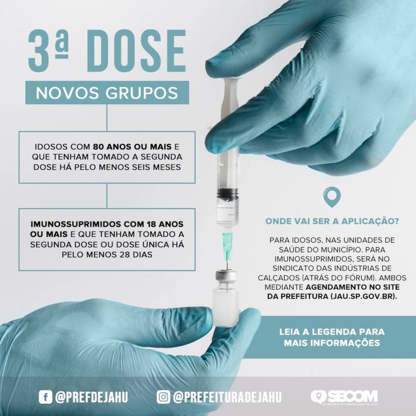 TEM INÍCIO APLICAÇÃO DE TERCEIRA DOSE PARA IMUNOSSUPRIMIDOS E IDOSOS COM 80 ANOS OU MAIS