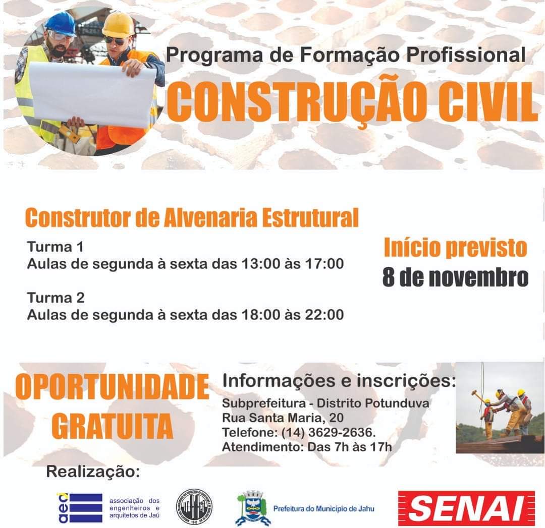 ESTÃO ABERTAS INSCRIÇÕES PARA CURSOS GRATUITOS NA CONSTRUÇÃO CIVIL