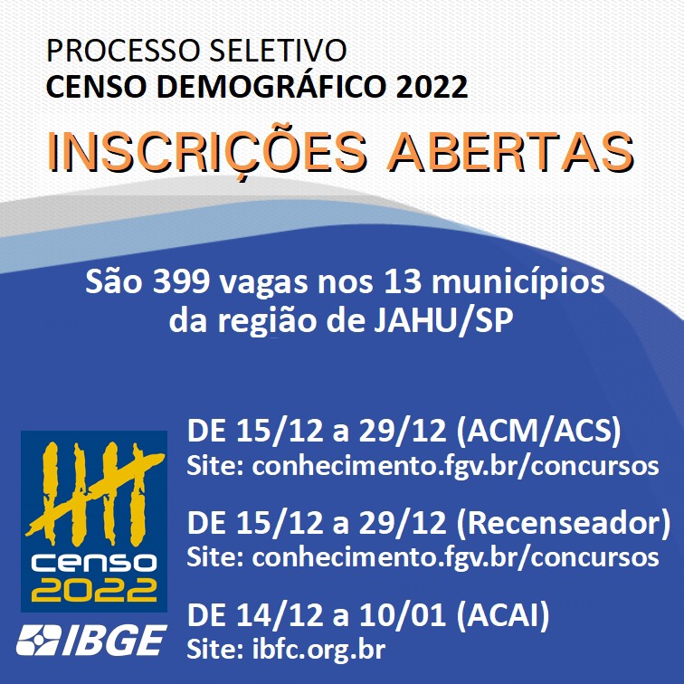 CENSO 2022: IBGE ESTÁ COM INSCRIÇÕES ABERTAS