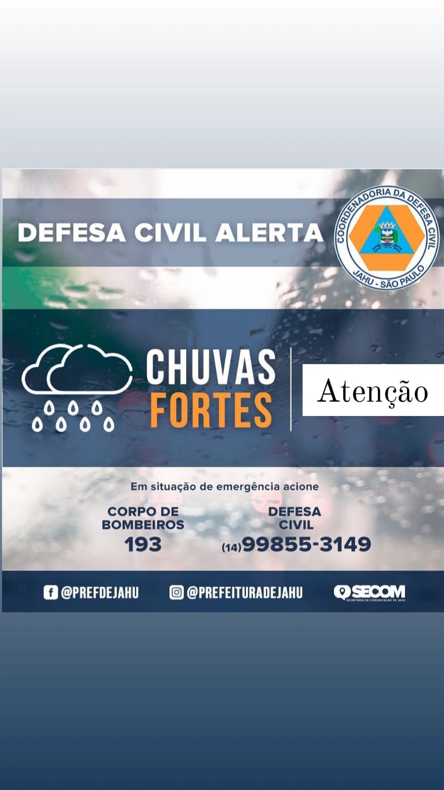 DEFESA CIVIL EMITE ALERTA DE FORTES CHUVAS