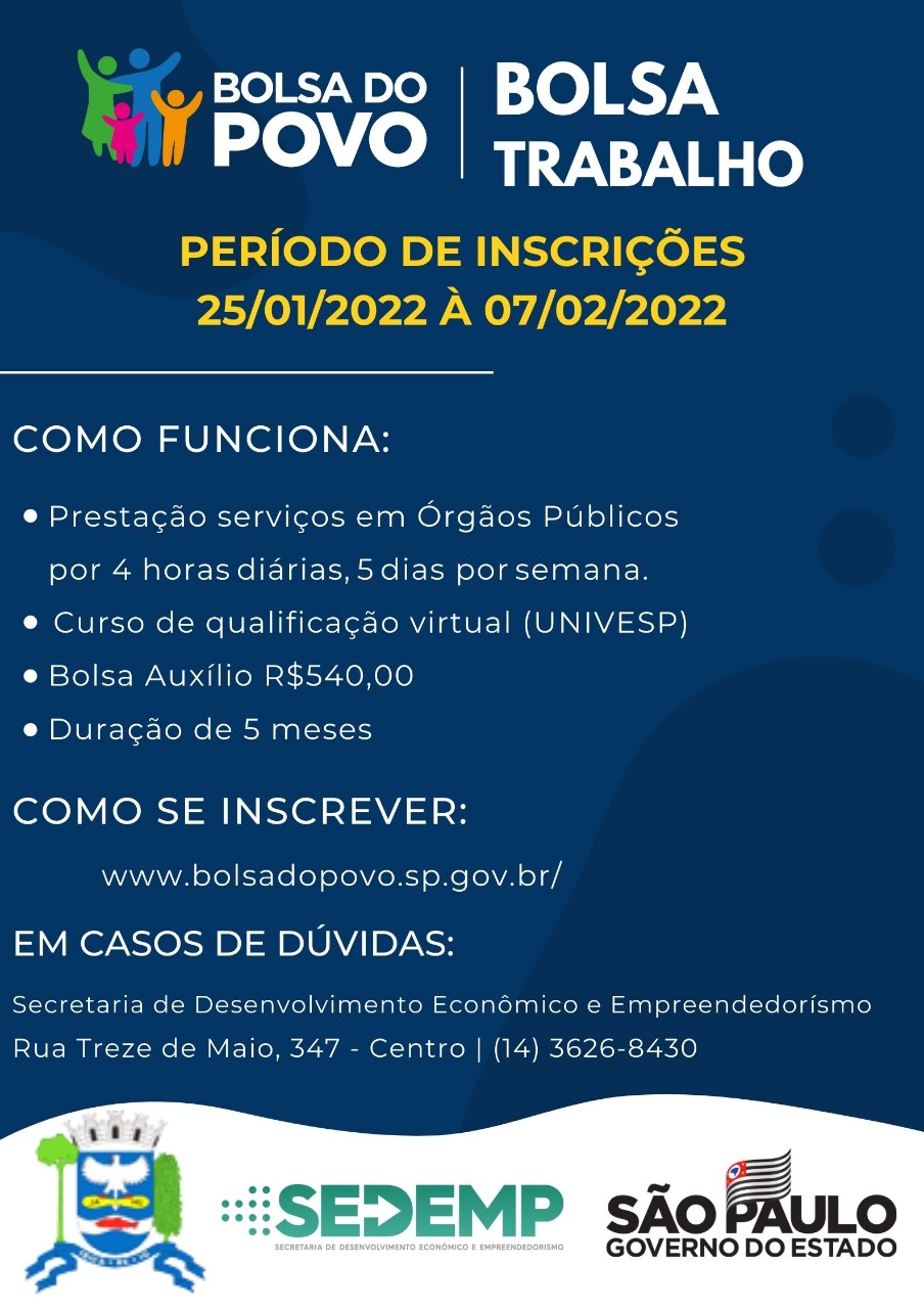 INSCRIÇÕES PARA O 'BOLSA TRABALHO' ESTÃO ABERTAS