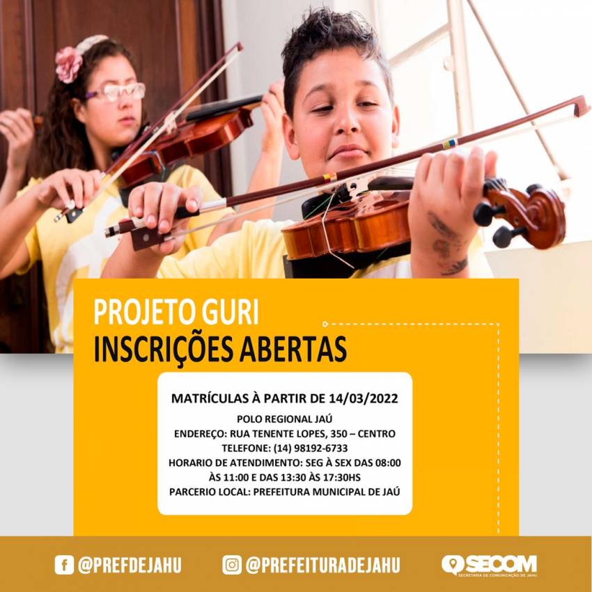 PROJETO GURI TEM INSCRIÇÕES ABERTAS PARA CURSOS GRATUITOS DE MÚSICA