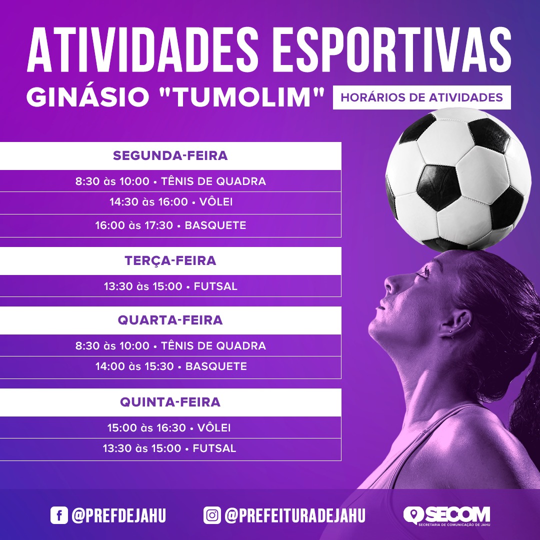 PREFEITURA DIVULGA HORÁRIOS DE ATIVIDADES ESPORTIVAS NO GINÁSIO TUMOLIM