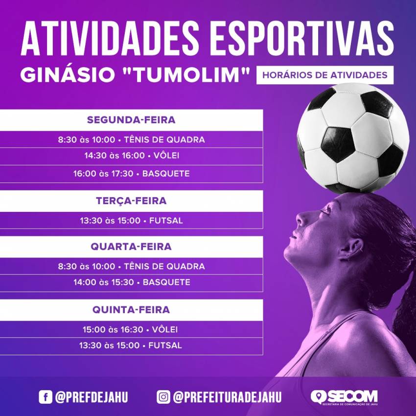 PREFEITURA DIVULGA HORÁRIOS DE ATIVIDADES ESPORTIVAS NO GINÁSIO TUMOLIM