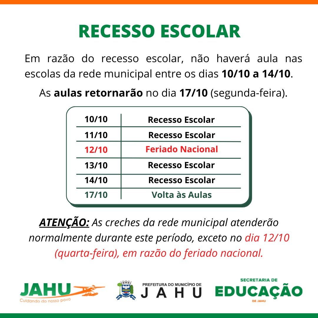 RECESSO ESCOLAR ACONTECE NA PRÓXIMA SEMANA
