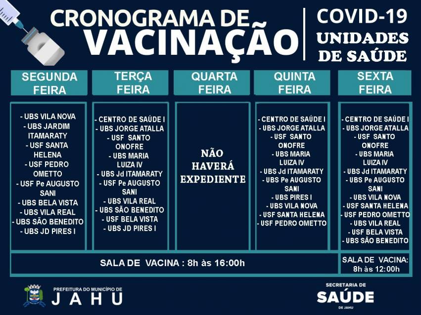 UNIDADES DE SAÚDE QUE ESTÃO VACINANDO CONTRA COVID-19 NESTA SEMANA