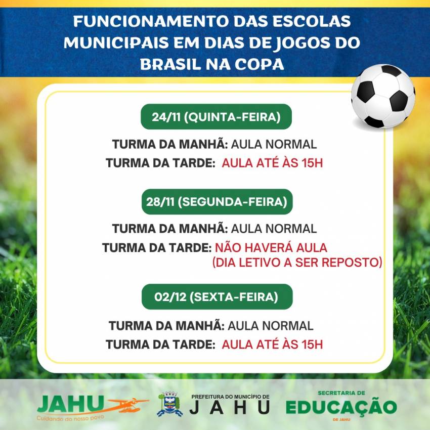 HORÁRIO DAS CRECHES E ESCOLAS DURANTE OS JOGOS