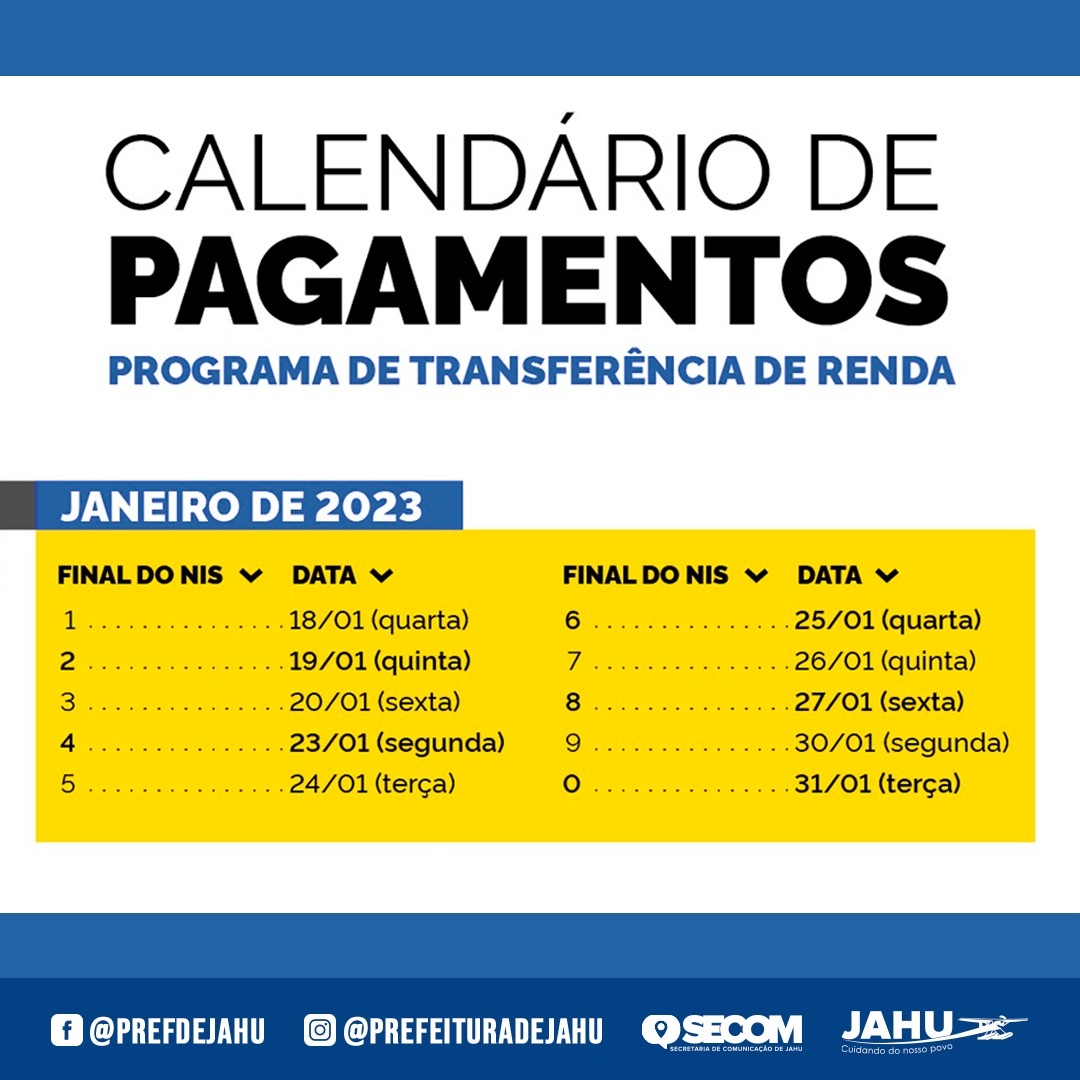 CALENDÁRIO DE PAGAMENTOS - PROGRAMA DE TRANSFERÊNCIA DE RENDA