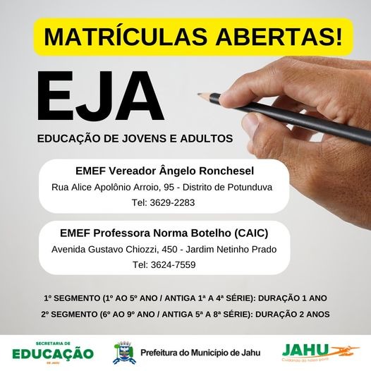 EJA CONTINUA COM MATRÍCULAS ABERTAS