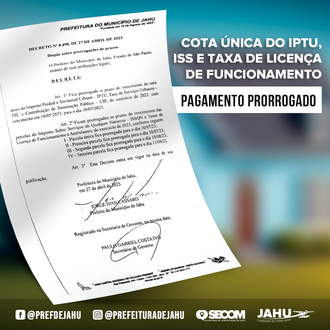 PREFEITURA ADIA VENCIMENTO DA COTA ÚNICA DO IPTU