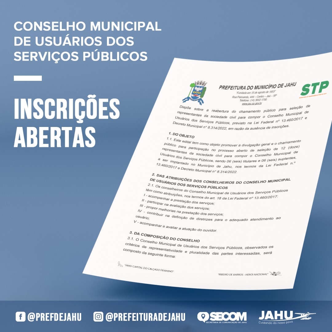 INSCRIÇÕES PARA ELEIÇÃO DE MEMBROS DO CONSELHO MUNICIPAL DE USUÁRIOS DOS SERVIÇOS PÚBLICOS ESTÃO ABERTAS