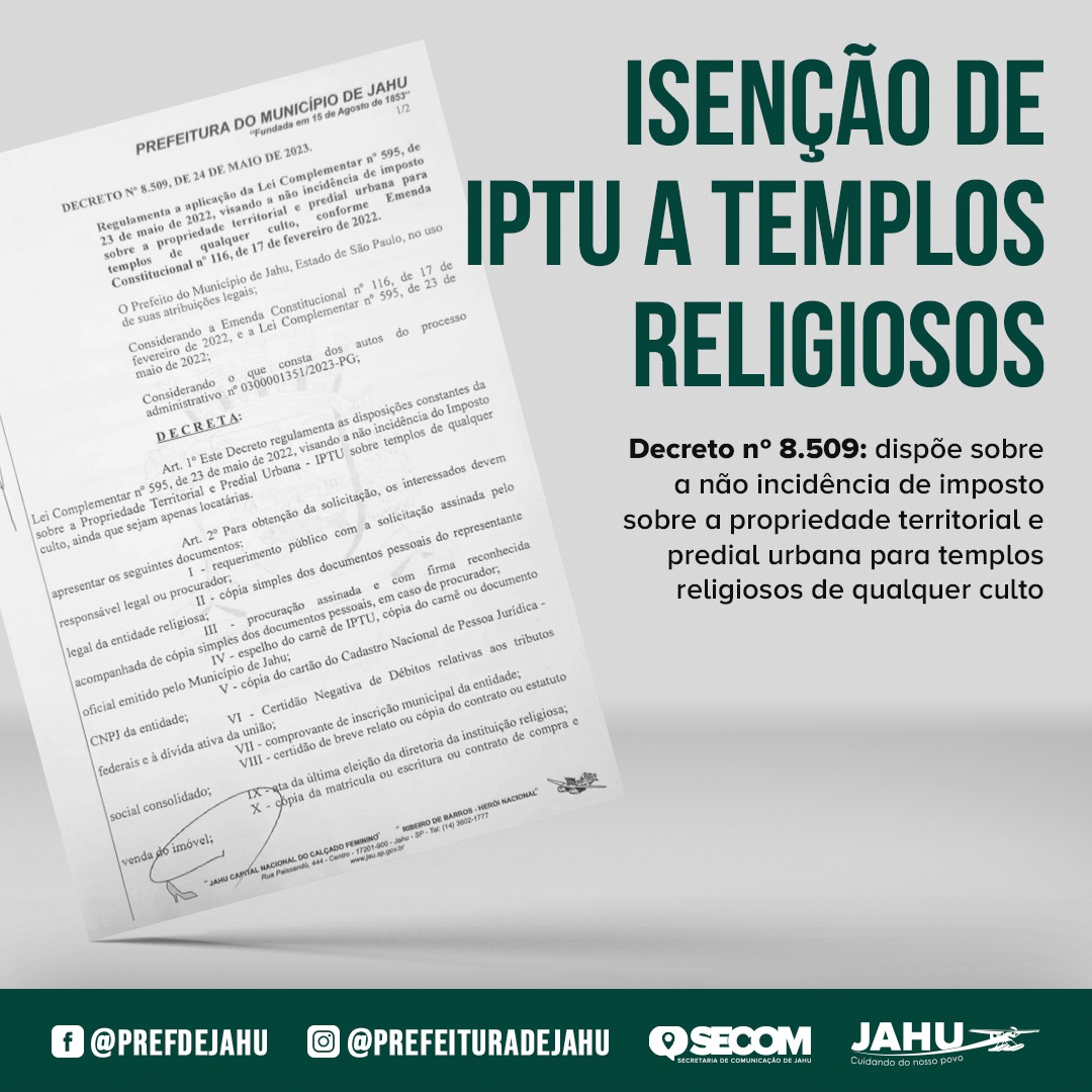 PREFEITURA ELABORA DECRETO SOBRE NÃO INCIDÊNCIA DE IPTU EM TEMPLOS RELIGIOSOS