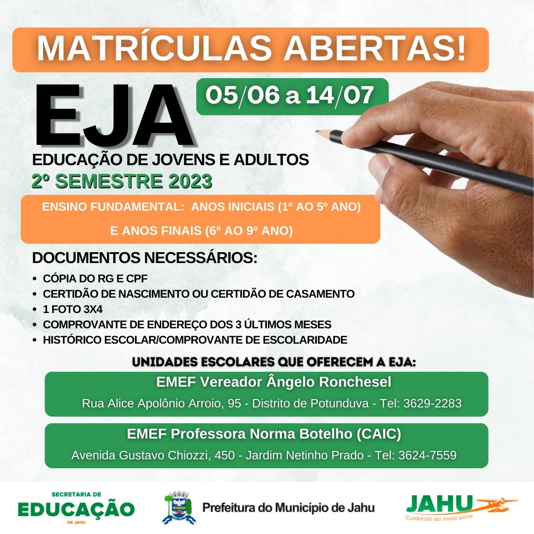 EJA: PRAZO PARA MATRÍCULAS ABRE NESTA SEGUNDA (05)