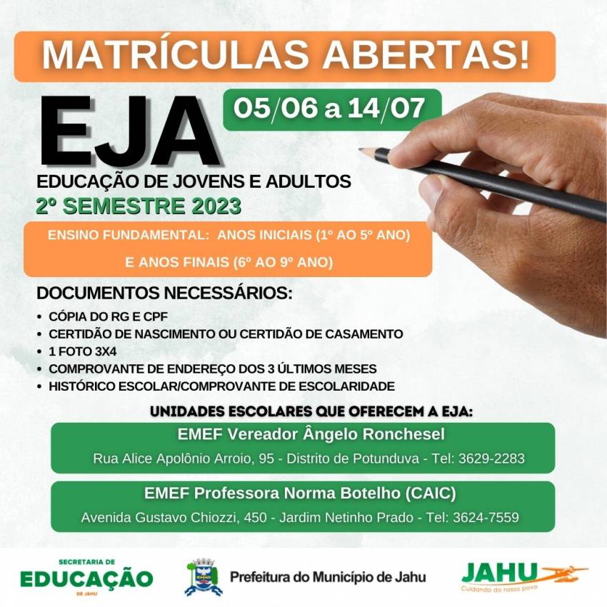 HOJE É O ÚLTIMO DIA PARA SE MATRICULAR NO EJA
