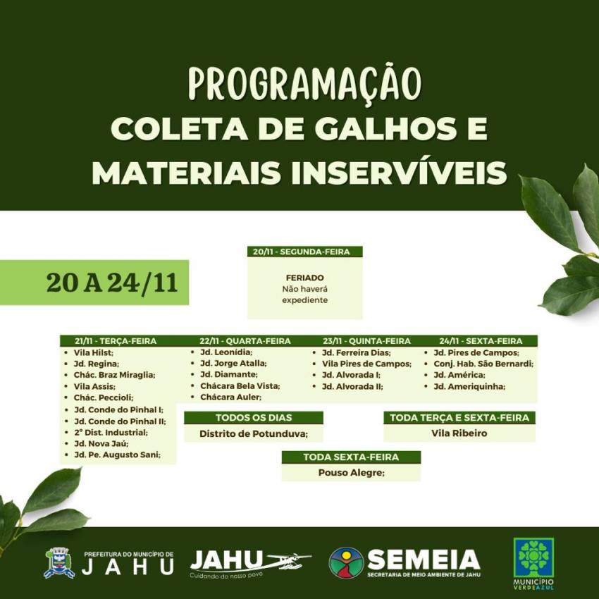 JAHU MAIS LIMPA: CRONOGRAMA CATA-GALHO E INSERVÍVEIS - DE 20 A 24/11