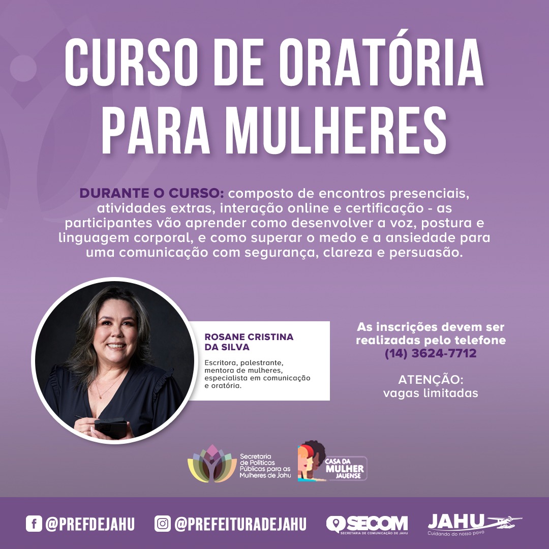 CURSO GRATUITO DE ORATÓRIA PARA MULHERES - INSCRIÇÕES ABERTAS