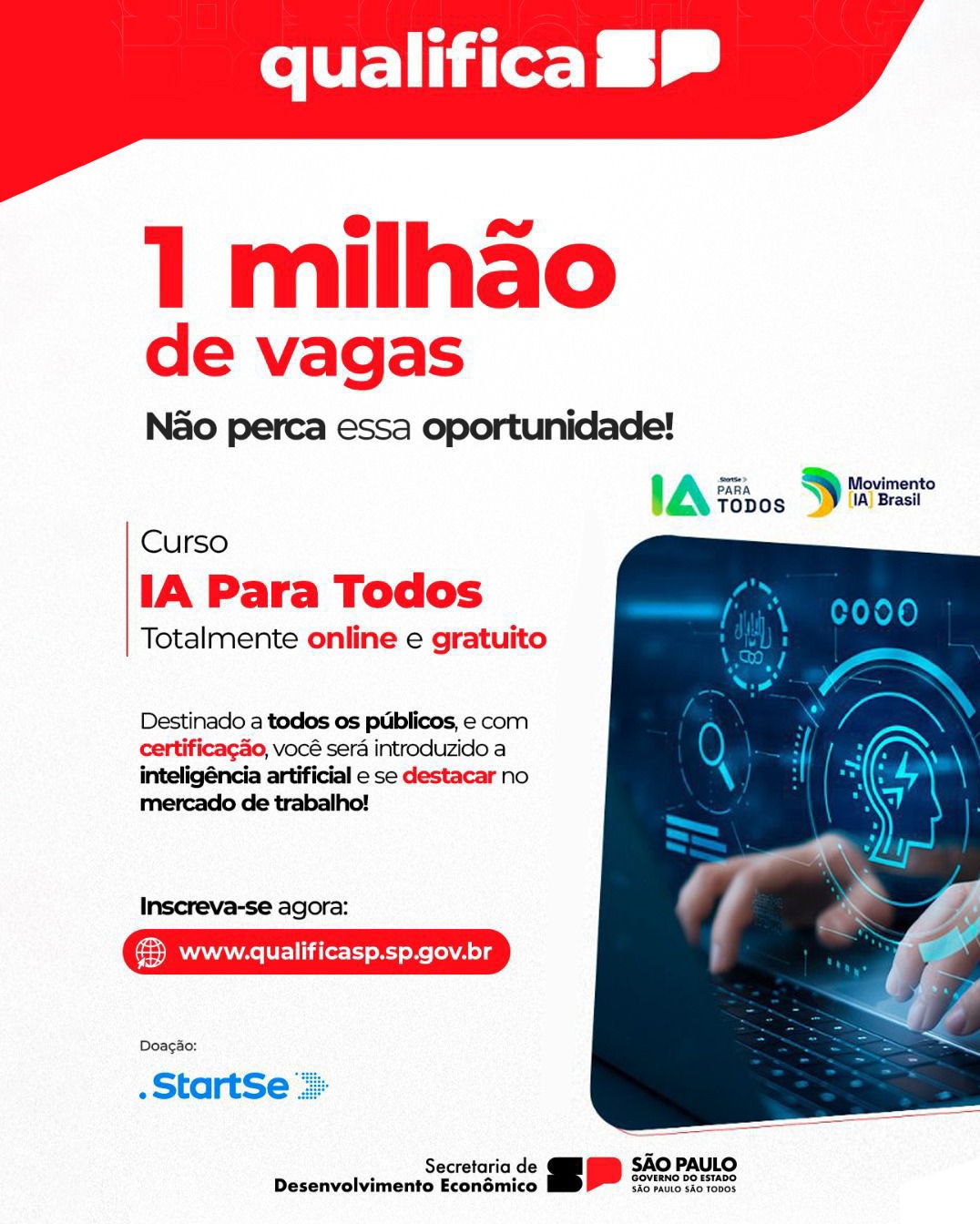 QUALIFICA SP OFERECE UM MILHÃO DE VAGAS PARA CURSO DE INTELIGÊNCIA ARTIFICIAL
