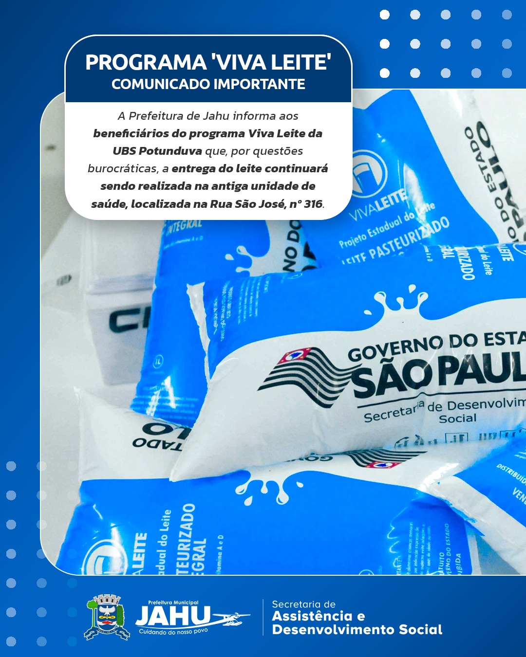 COMUNICADO IMPORTANTE: ENTREGA DO LEITE DO PROGRAMA VIVA LEITE NA UBS POTUNDUVA