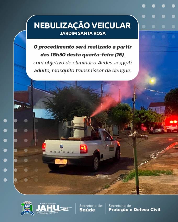 NEBULIZAÇÃO VEICULAR NESTA QUARTA-FEIRA (16) NO JARDIM SANTA ROSA