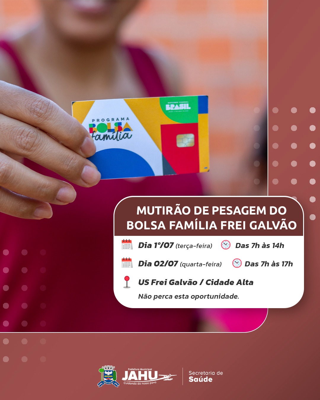 ATENÇÃO BENEFICIÁRIOS DO BOLSA FAMÍLIA: MUTIRÃO DE PESAGEM OBRIGATÓRIA NO FREI GALVÃO - CIDADE ALTA VAI ATÉ ESTA QUARTA-FEIRA (02)