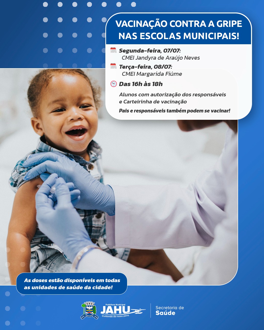 CRIANÇAS DO CMEI JANDYRA DE ARAÚJO NEVES E MARGARIDA FIUME SÃO VACINADAS NA PRÓXIMA SEMANA