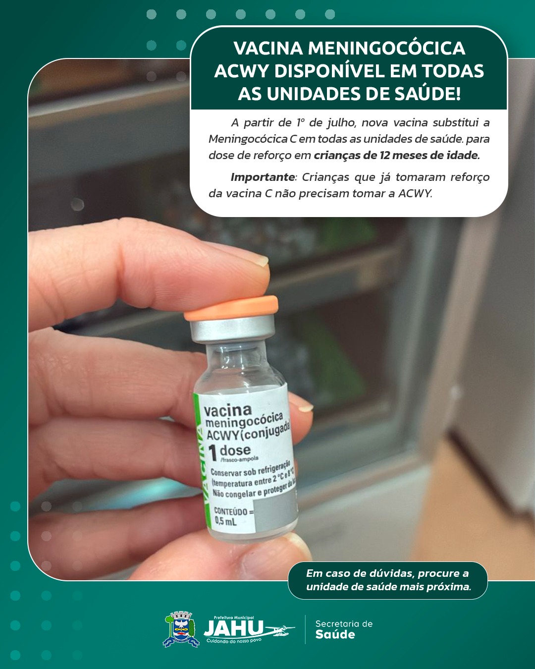 PREFEITURA DISPONIBILIZA VACINA MENINGOCÓCICA ACWY PARA CRIANÇAS EM TODAS AS UNIDADES DE SAÚDE