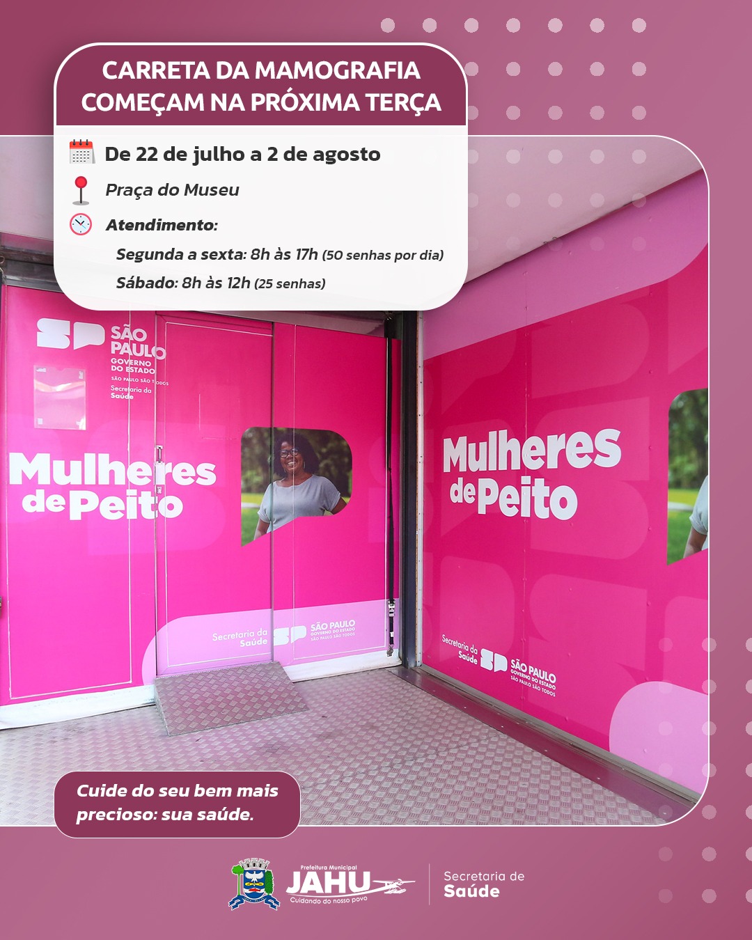 RECADO PARA VOCÊ MULHER: ATENDIMENTOS NA 'CARRETA DA MAMOGRAFIA' COMEÇAM NA PRÓXIMA TERÇA-FEIRA (22)