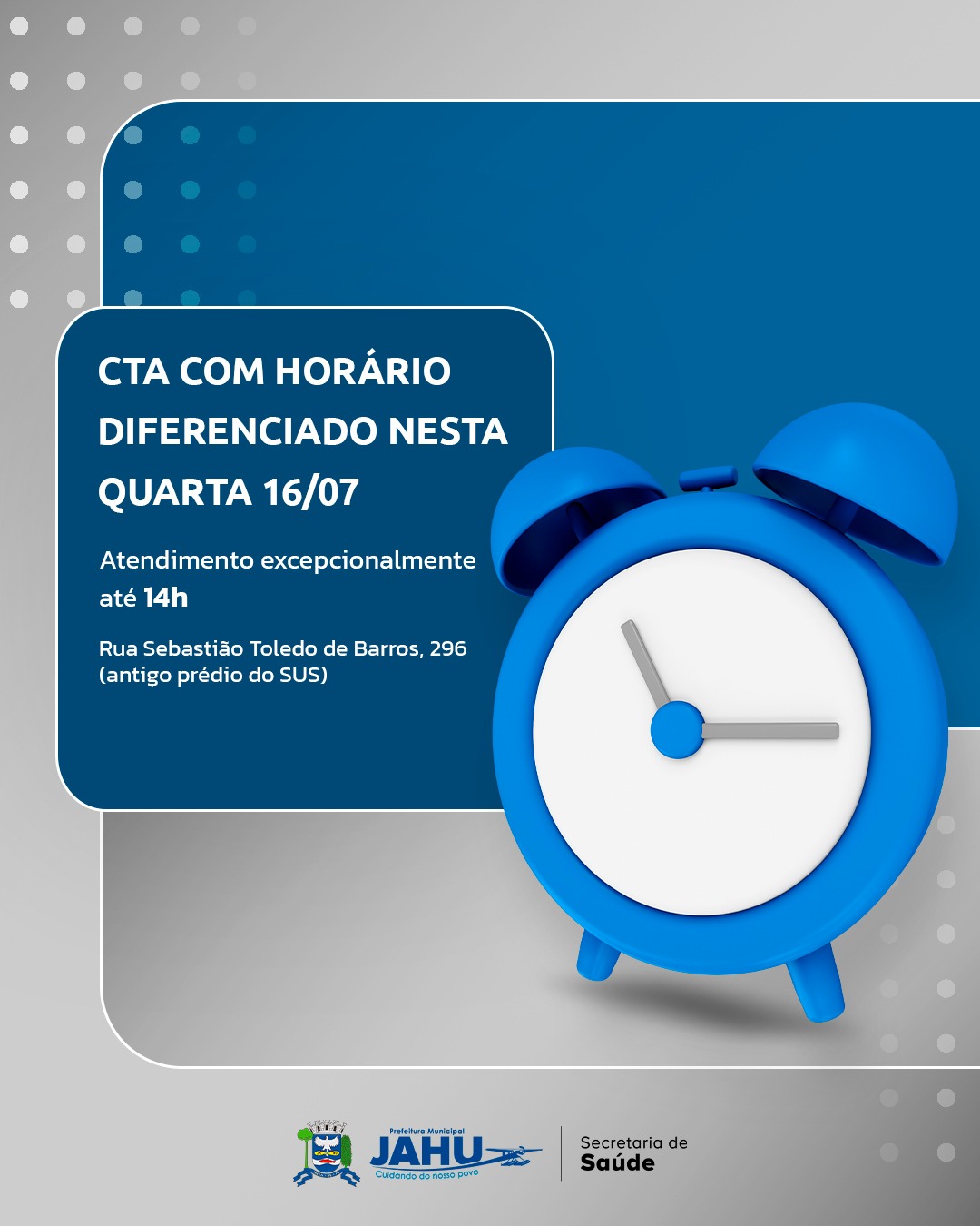 CTA ATENDE EM HORÁRIO DIFERENCIADO NESTA QUARTA-FEIRA (16)