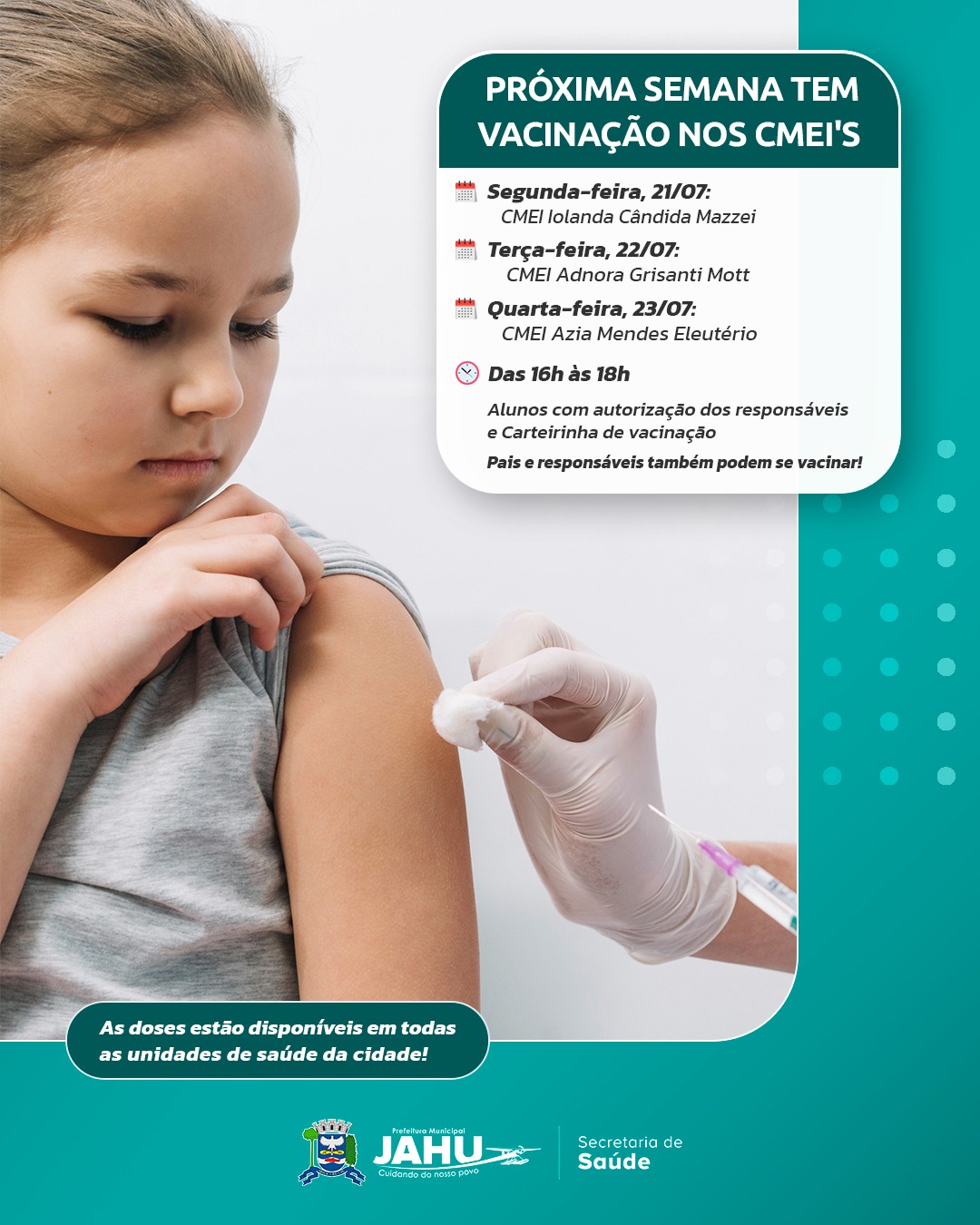 PRÓXIMA SEMANA TEM VACINAÇÃO NOS CMEI'S IOLANDA MAZZEI, ADNORA E AZIA MENDES