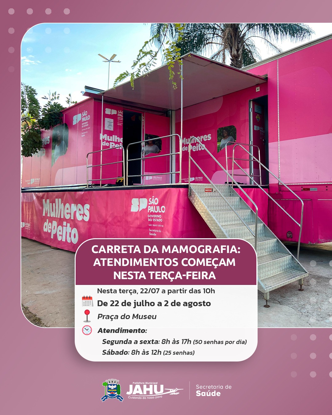 CARRETA DA MAMOGRAFIA: ATENDIMENTOS COMEÇAM NESTA TERÇA-FEIRA (22)