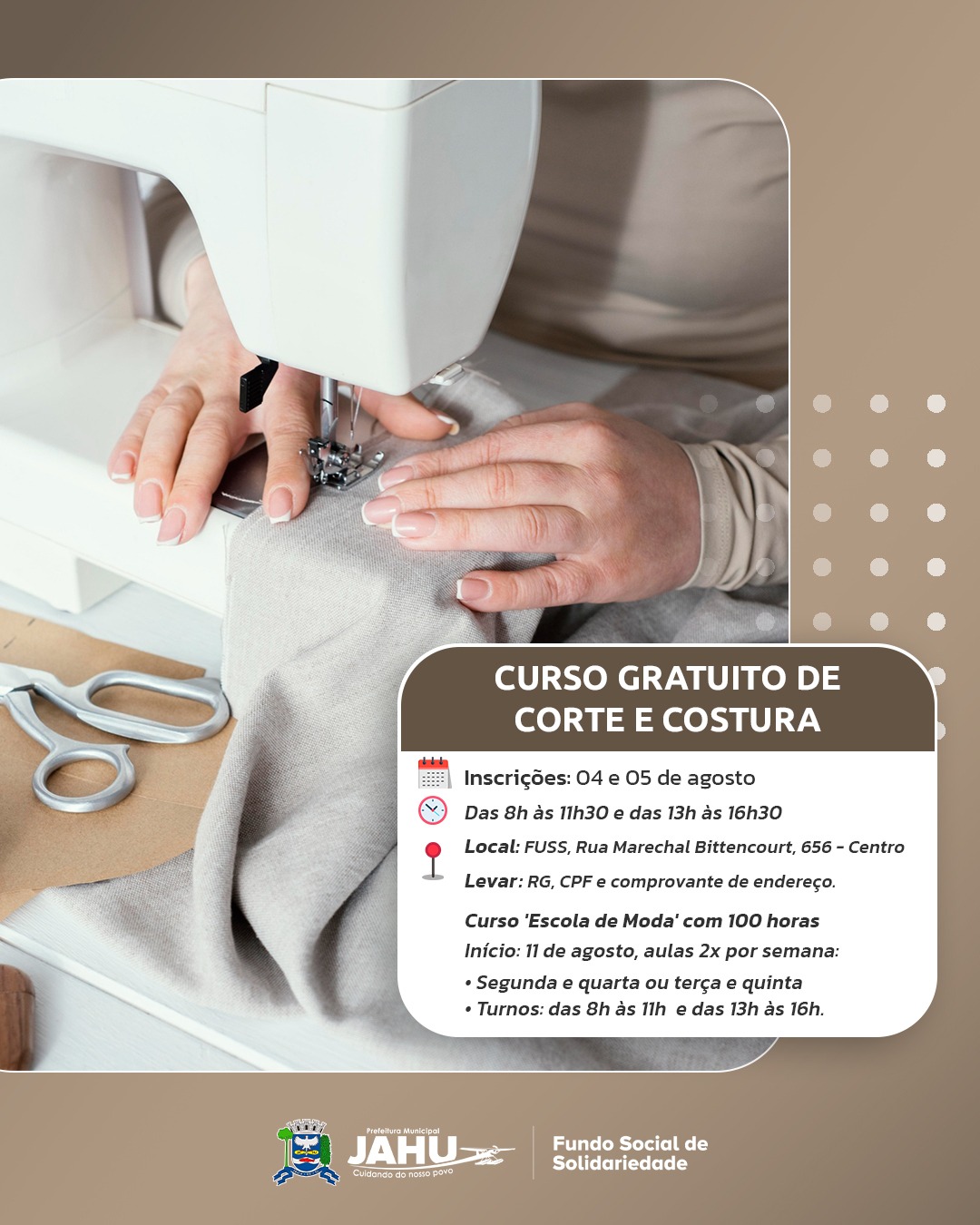 CURSO DE COSTURA: INSCRIÇÕES EM 04 E 05 DE AGOSTO