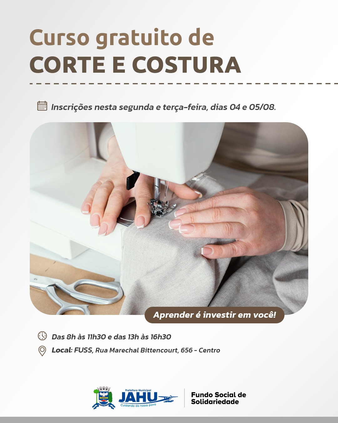 CURSO DE COSTURA: INSCRIÇÕES NESTA SEGUNDA (4) E TERÇA-FEIRA (5)
