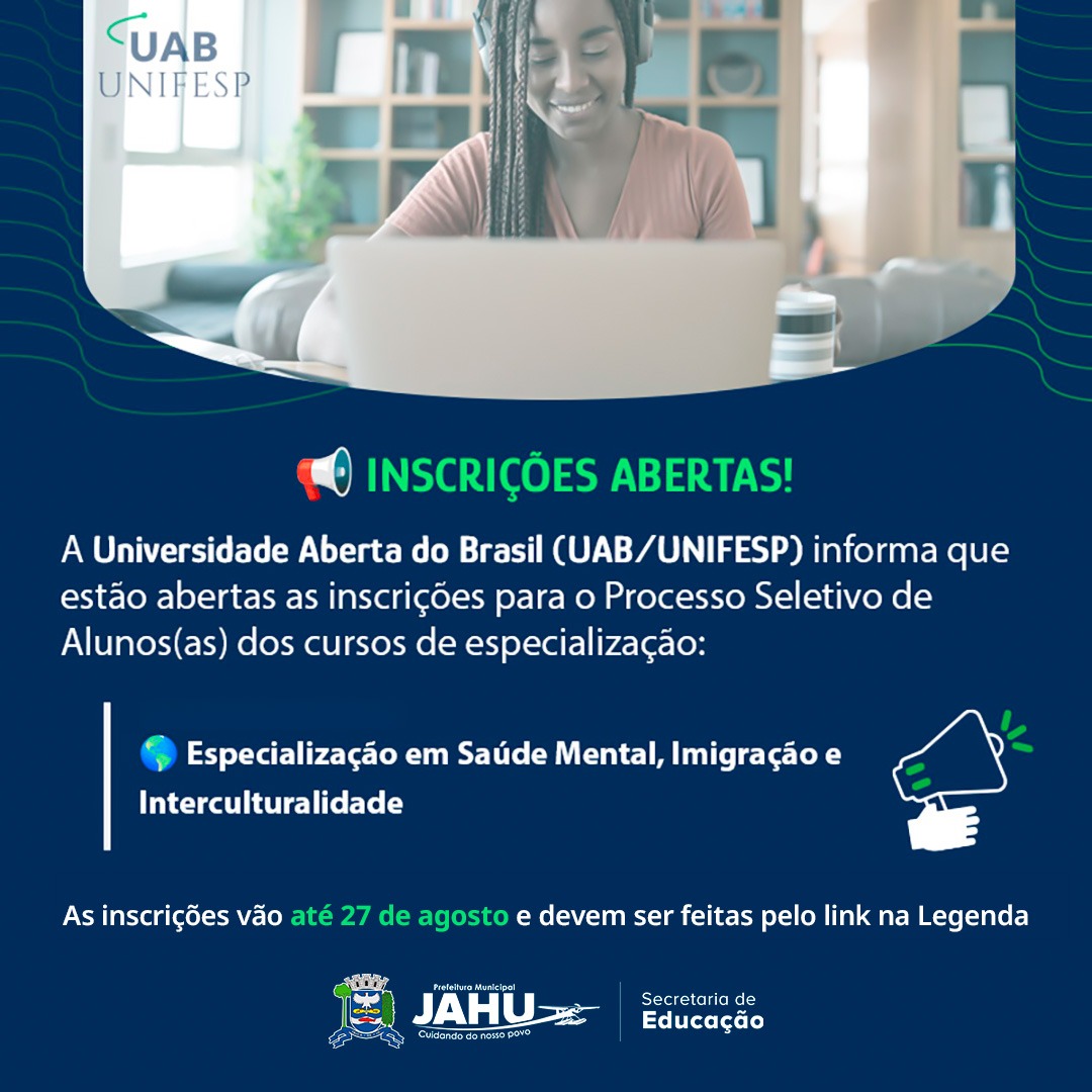 POLO DA UNIVERSIDADE ABERTA DO BRASIL OFERECE CURSO GRATUITO DE ESPECIALIZAÇÃO EM SAÚDE MENTAL, IMIGRAÇÃO E INTERCULTURALIDADE