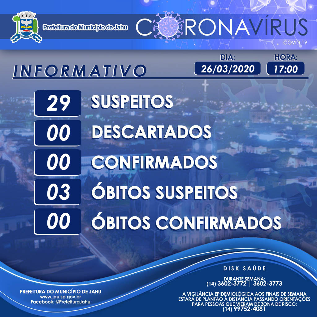 Informe epidemiológico sobre o Coronavírus (Covid-19) no Município em 26/03/2020 - 17h.