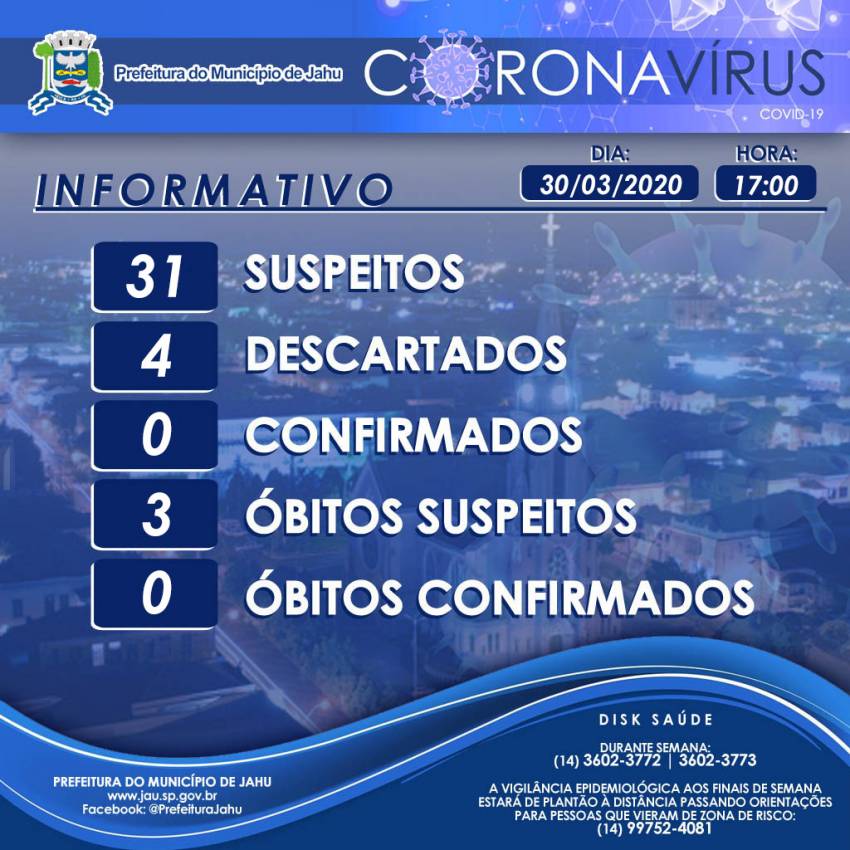 Informe epidemiológico sobre o Coronavírus (Covid-19) no Município em 30/03/2020 - 17h.