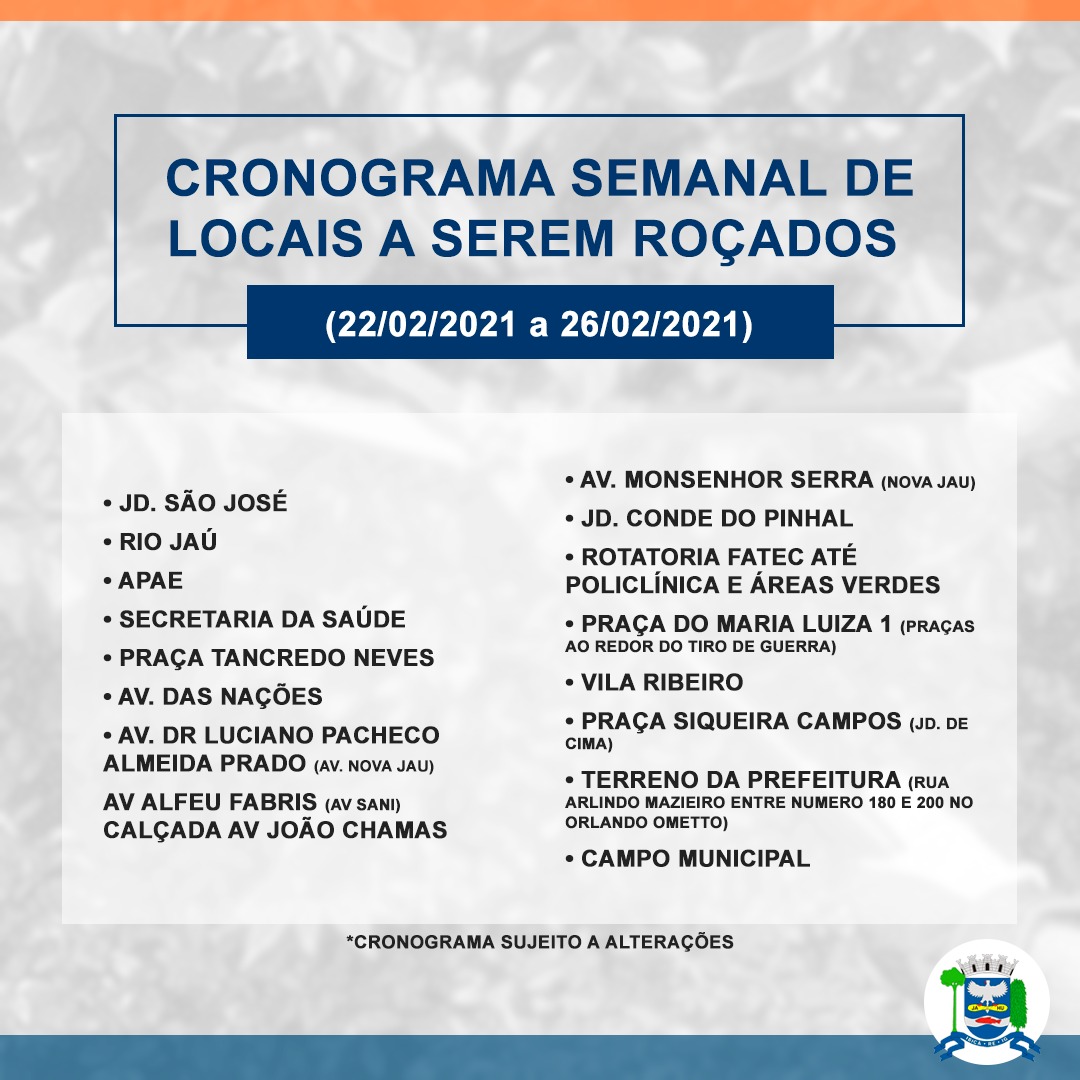 CRONOGRAMA SEMANAL: Locais a serem Roçados de 22 a 26/02/2021)