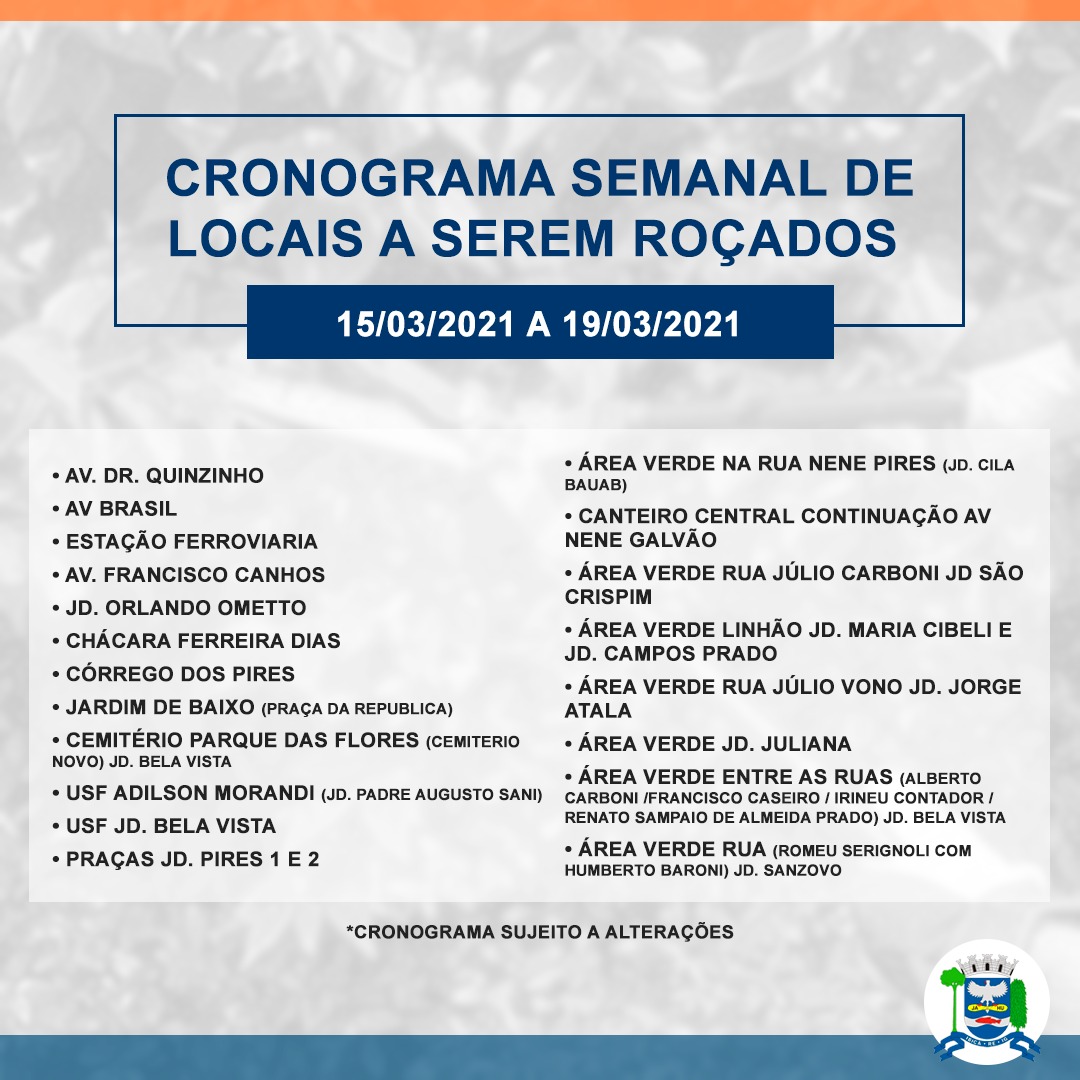 Cronograma Semanal Roçagem 15 a 19 de Março