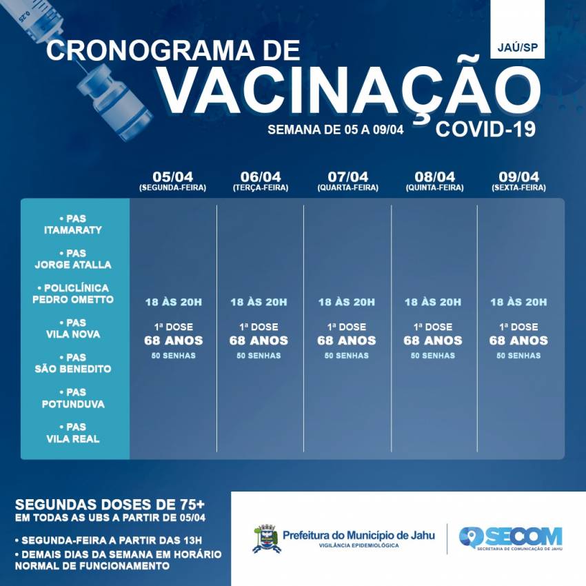 Cronograma de Vacinação - de 05 a 09 de abril - COVID 19