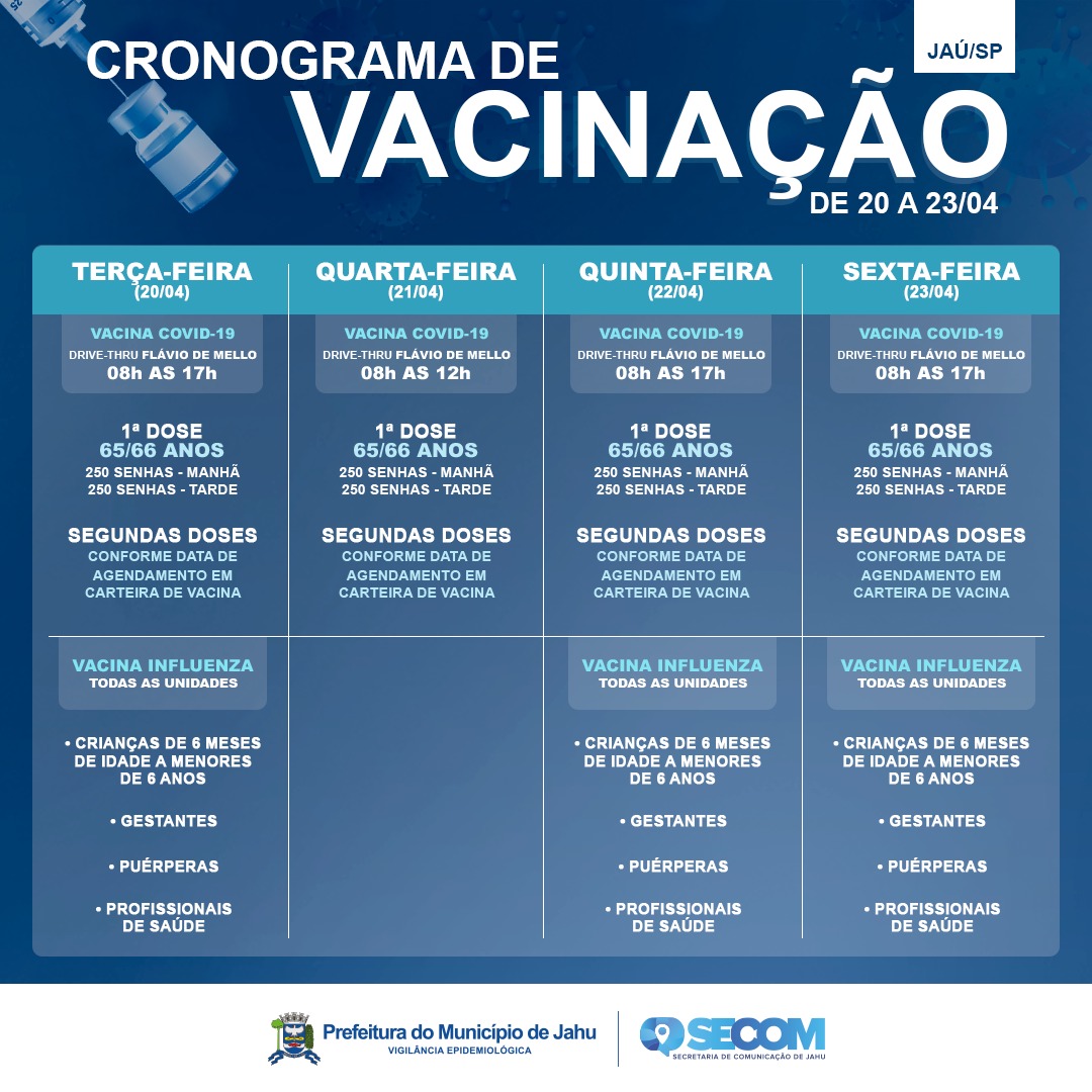 VACINAÇÃO PARA 65 e 66 ANOS COMEÇA NESTA TERÇA-FEIRA (20)