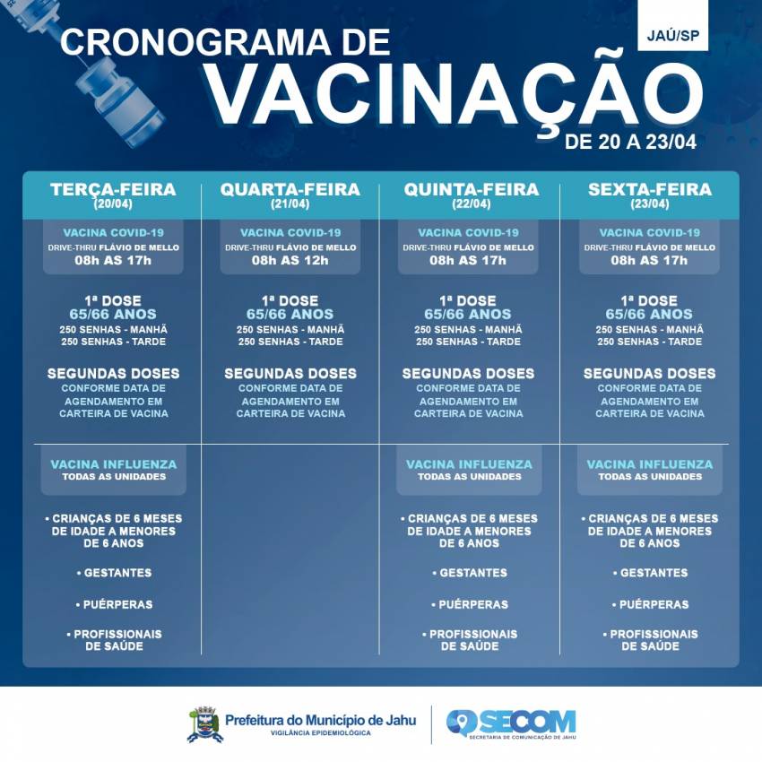 VACINAÇÃO PARA 65 e 66 ANOS COMEÇA NESTA TERÇA-FEIRA (20)