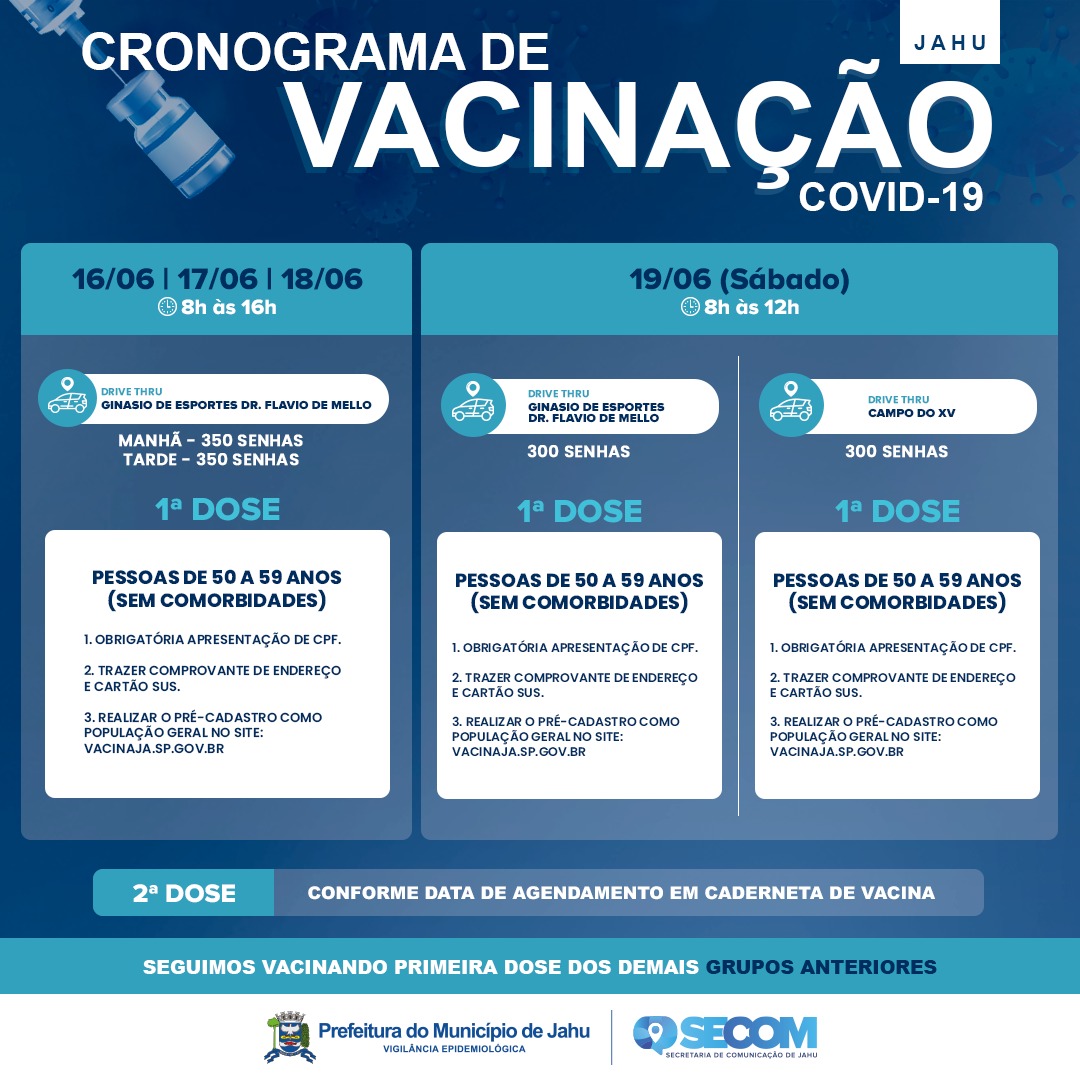 Cronograma de Vacinação - de 16 a 19 de junho- COVID 19