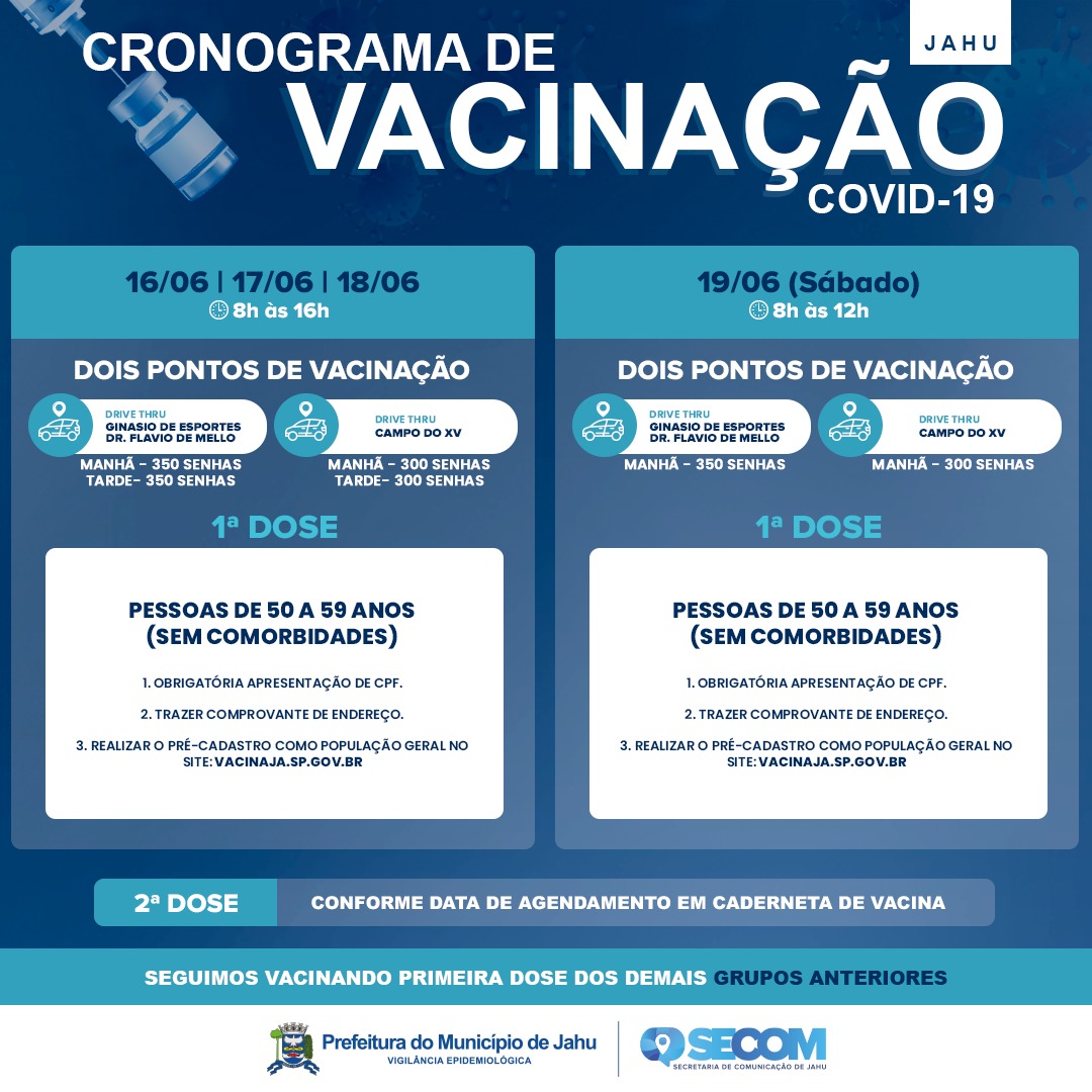 Cronograma de Vacinação no período de 16/06 à 19/06