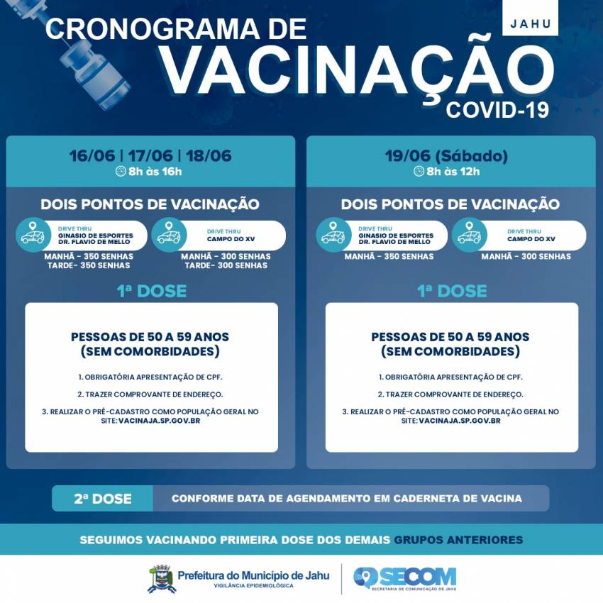 Cronograma de Vacinação no período de 16/06 à 19/06